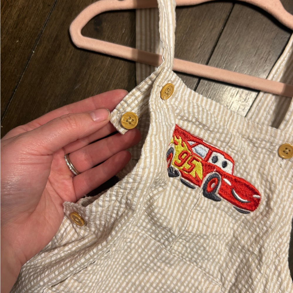 Disney Cars Beige Striped Searsucker Overalls - Picture 6 of 7